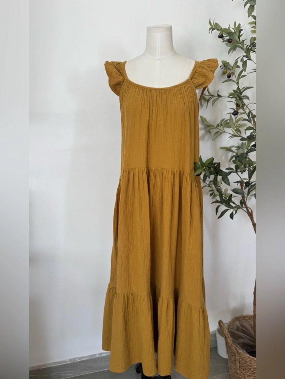Rylee + Cru Mustard Yellow Maxi Dress with Ruffled Cap Sleeves